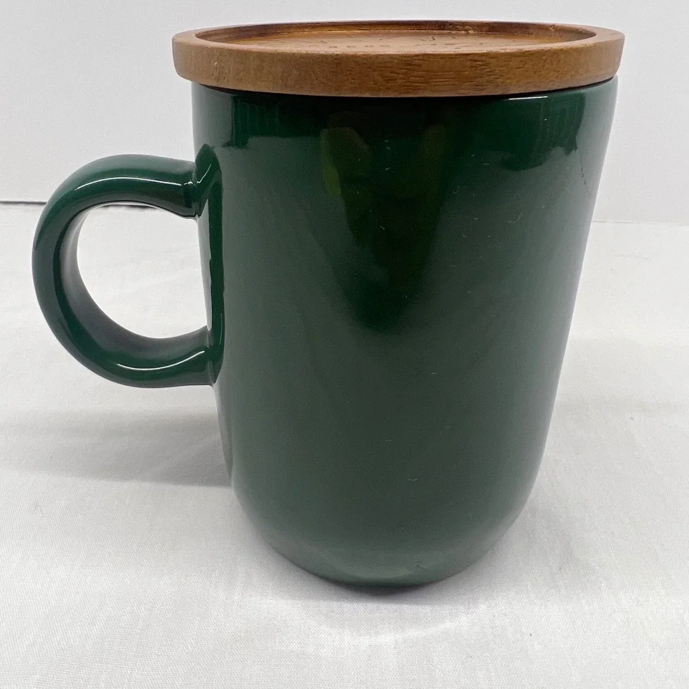 RAE DUNN Green Ceramic Christmas‎ ELF Mug & Wooden Topper Coaster Magenta NEW
